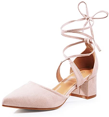 Heel The World Women's Pointed Toe Dress Pumps Lace Up Low Block Heels