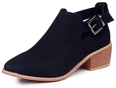 QZHIHE Womens Ankle Boots Cutout Side Strap Block Chunky Heel Work Boots