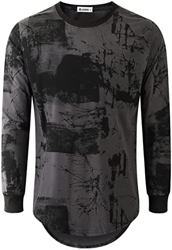KLIEGOU Mens Hipster Hip Hop Ripped Round Hemline Pattern Print T Shirt