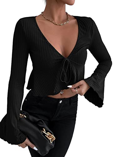 Womens Deep V Neck Crop Tee Ribbed Long Bell Sleeve Drawstring Casual Tie Front Blouse Solid Color Ruffle Hem Pullover Tops