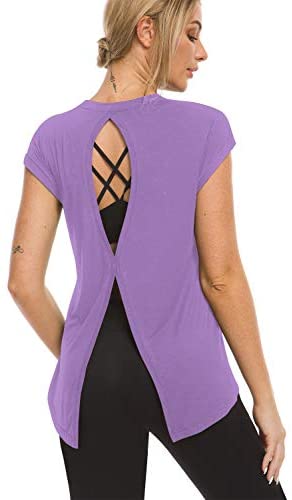 Women’s Open Back Loose Fit Workout Tops Backless Short Sleeve Yoga Shirts Gym Exercise Crop Tank Tops