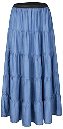 Womens A Line Long Lightweight Tencel Denim Tiered Skirt with Multi Layers