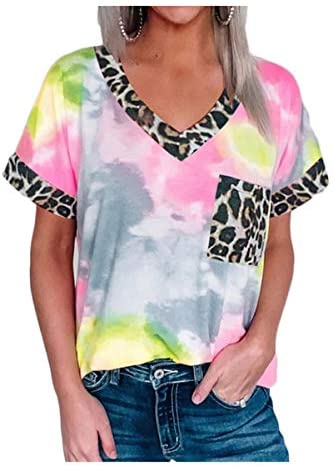 Women's Summer Tie Dye Printed T Shirt Casual Leopard Patchwork Short Sleeve Tee