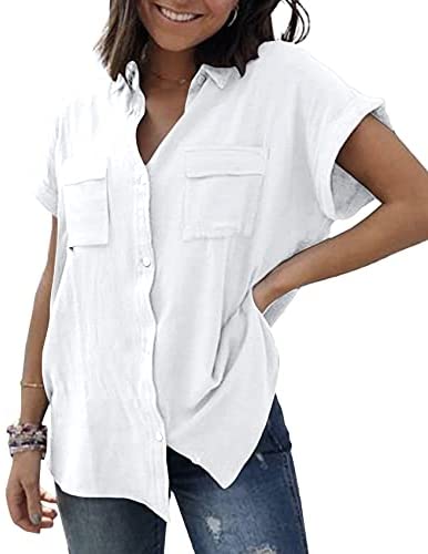 Womens V Neck Button Down Shirt Cuffed Sleeve Summer Beach Casual Tops Loose Fit Blouse with Two Side Pockets