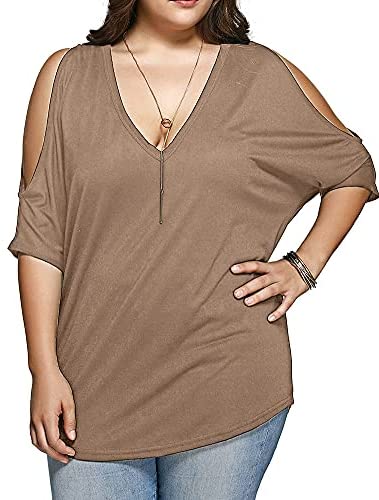 Women Plus Size Tops V Neck Short Sleeve Batwing Top Cold Shoulder T Shirt