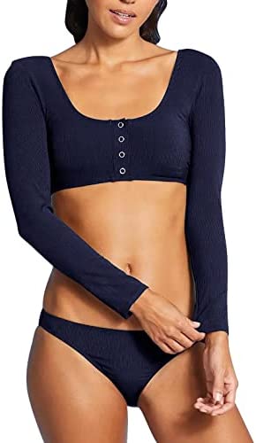 GAMISOTE Women Two Piece Swimsuits Long Sleeve Button Up Crop Top Bikini Bottoms Swimwear