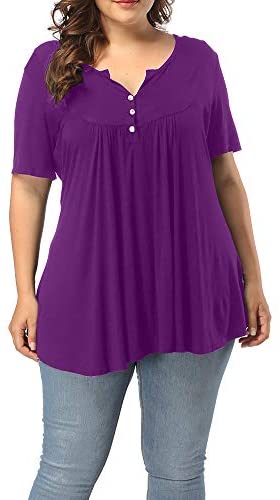 Women's Plus Size Henley V Neck Button Up Tunic Tops Casual Short Sleeve Ruffle Blouse Shirts
