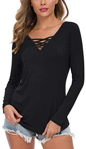 WNEEDU Women's Casual Long Sleeve T-Shirt Criss Cross V-Neck Basic Tees Tops
