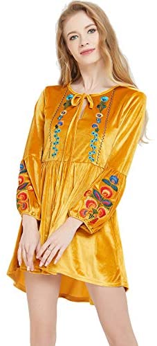 Womens Bohemian Velvet Dress with Embroidery, Elastic on The Waist and Sleeve Opening