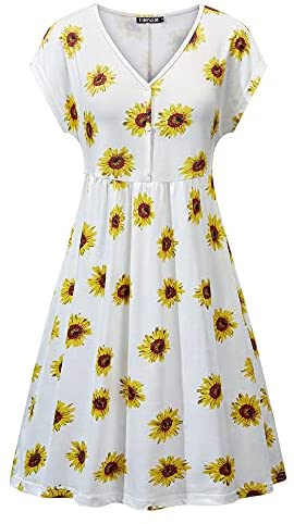 TIMSEM Women's Short Sleeve Dresses V Neck Half Button Summer Floral Smock Dress