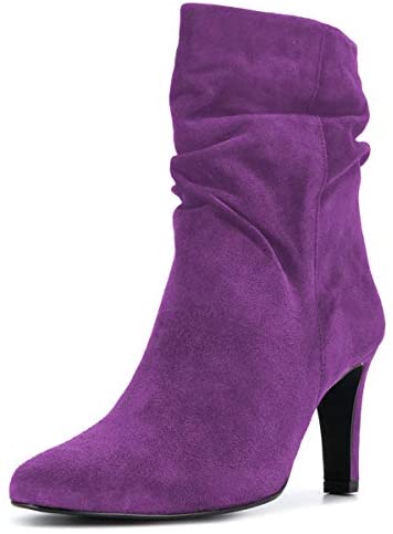 FSJ Women Fashion Closed Toe Mid Calf Boots Mid Thick Heels Stretchy Slouch Booties Shoes Size 4-15 US