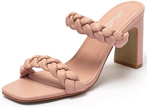 Katliu Women's Braided Heeled Mules Square Toe Block Heel Sandals Two Strap Heeled Slide Sandals