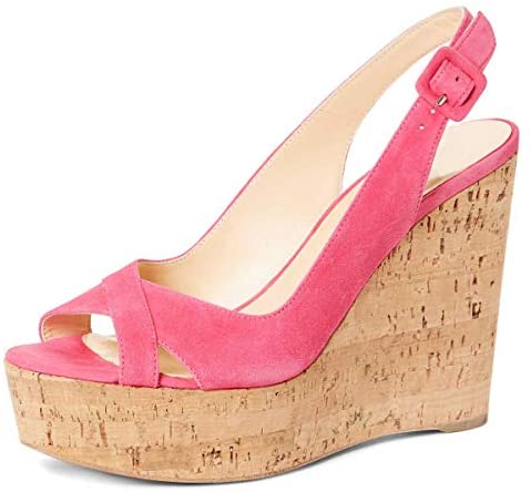 FSJ Women Summer Platform Wedge High Heeled Sandals Peep Toe Slingback Dress Faux Suede Pump Size 4-15 US
