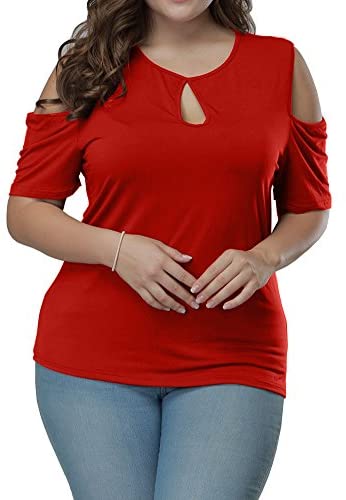 Women's Plus Size Top Keyhole Front Short Sleeve Cold Shoulder T Shirt