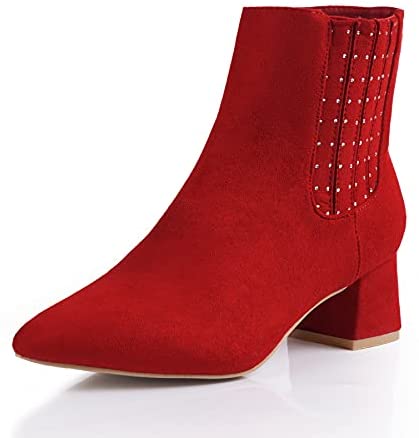Heel The World Women's Ankle Boots Pointed Toe Low Block Heel Booties with Rhinestones
