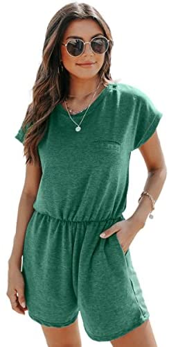Dyexces Womens Jumpsuits Summer Loose Crew Neck Short Sleeve Elastic Waist Romper Playsuits with Pockets