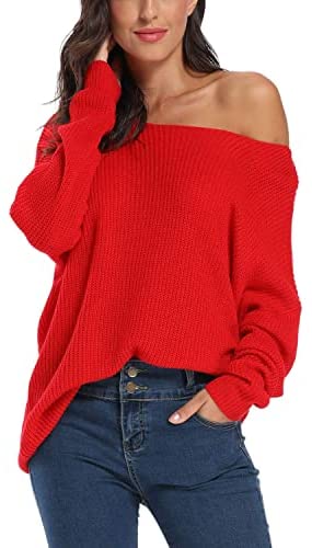 Women's Boat Neck Solid Casual Loose Knitted Pullover Sweater Jumper Tops
