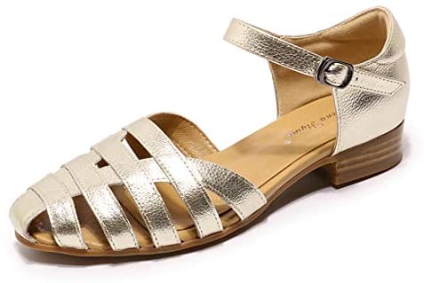 Mona flying Women Leather Tatianna Dress Sandals Closed Toe Low Heels Strappy Flats Summer Casual Shoes