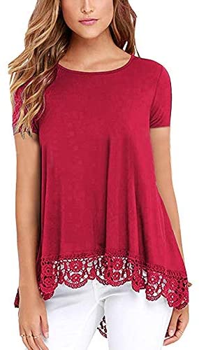 Women's O Neck Long Short Sleeve Solid Blouses Lace Trim A Line Shirts