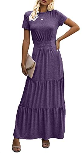 Dyexces Women’s Maxi Dress Summer Dresses Tunic Short Sleeve Crewneck Tiered Long Skirts