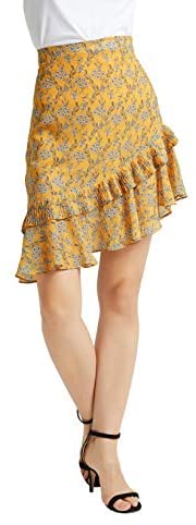 Womens A Line Chiffon Print Pleated Midi Skirt High and Low Hem