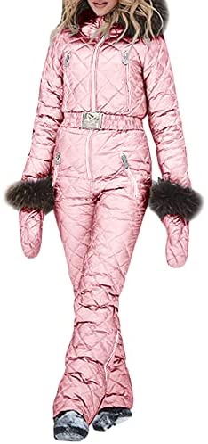 Womens Onesies Ski Suit Winter Outdoor Waterproof Ski Jumpsuit Jacket Overall Snowsuit Fur Collar with Hoodies Removable