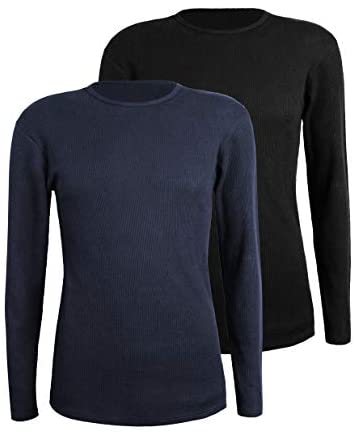 Men's 2-Pack Thermal Long Sleeve Undershirt Waffle Knit Soft Comfy Crew Neck Top Underwear