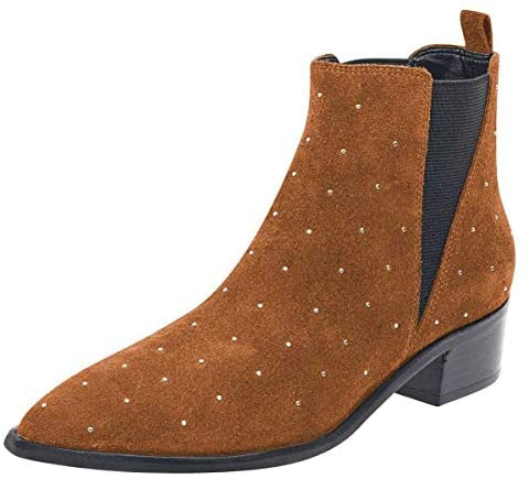 FSJ Women Pointed Toe Chelsea Ankle Booties Block Low Heels Studded Boots Comfortable Trendy Suede Daily Fall Shoes Size 4-15 US