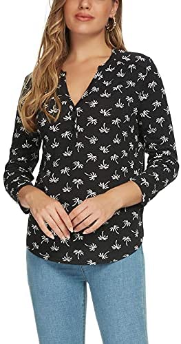 Women's 3/4 Sleeve Floral Print Shirts V Neck Button Up Blouse Tops