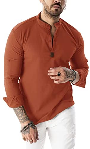 Men's Long Sleeve Cotton Henley Shirts Basic Casual Button Up Banded Collar Yoga Shirt Soft Beach Tops