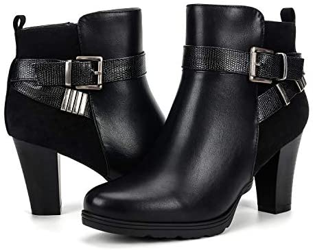 mysoft Women's Zipper Bootie Chunky Stacked Heel Ankle Boots Buckle Strap Ankle