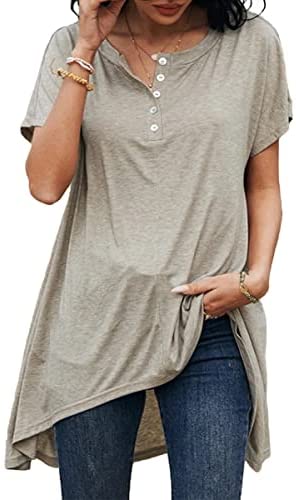 Dyexces Womens V Neck Tops Short Sleeve Shirts Casual Loose Button Collar Irregular Hem Tshirt