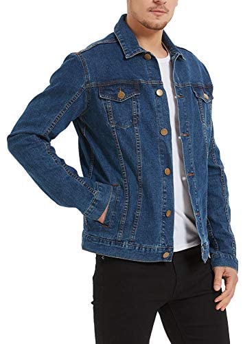 Plaid&Plain Men’s Denim Trucker Jacket Men’s Slim Fit Jean Jacket Stretch
