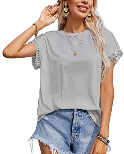 Womens Short Sleeve Tops Lace Patchwork Crewneck Bat Sleeve T Shirts Basic Casual Tee