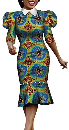 XIAOHUAGUA African Dashiki Print Dresses for Women Half Puff Sleeve Pearls Elegant Party Dress