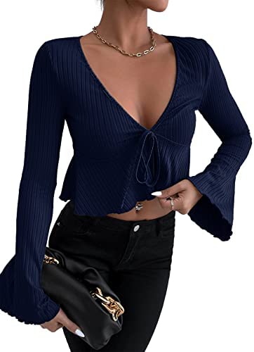 Womens Deep V Neck Crop Tee Ribbed Long Bell Sleeve Drawstring Casual Tie Front Blouse Solid Color Ruffle Hem Pullover Tops