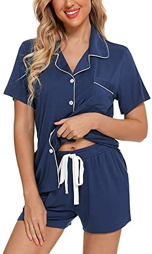 Womens Pajamas Set Short Sleeve Sleepwear Button Down Nightwear Shorts Soft Pj Sets S-XXL