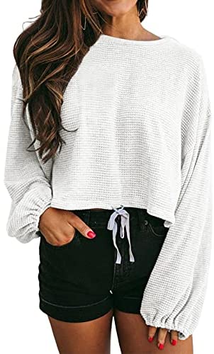GAMISOTE Women's Waffle Knit Long Sleeve Tops Oversized Plain Crop Pullover Sweaters