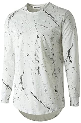 KLIEGOU Mens Hipster Hip Hop Ripped Round Hemline Pattern Print T Shirt