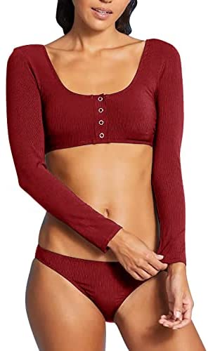 GAMISOTE Women Two Piece Swimsuits Long Sleeve Button Up Crop Top Bikini Bottoms Swimwear