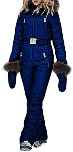 Womens Onesies Ski Suit Winter Outdoor Waterproof Ski Jumpsuit Jacket Overall Snowsuit Fur Collar with Hoodies Removable