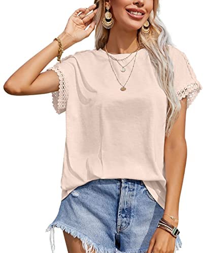 Womens Short Sleeve Tops Lace Patchwork Crewneck Bat Sleeve T Shirts Basic Casual Tee