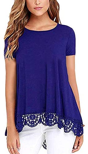 Women's O Neck Long Short Sleeve Solid Blouses Lace Trim A Line Shirts