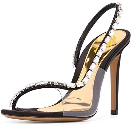 FSJ Women Sexy Open Square Toe Transparent Sandals High Stiletto Heel Rhinestones Strap Slingback Pumps Party Date Shoes