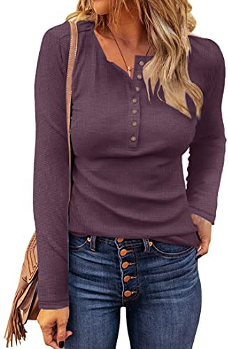WNEEDU Women's Waffle Knit Tops Casual Long Sleeve Blouses Slim Fit Button Down V Neck Henley Shirts