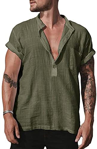 Karlywindow Men's Cotton Linen Henley Shirt Short Sleeve Hippie Casual Comfort Beach Yoga T Shirts