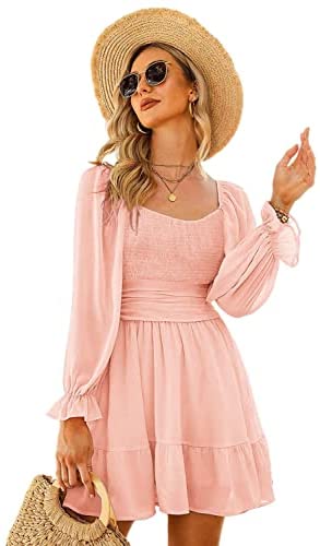 Women Elastic Smocked Bust Tie Back Long Puff Sleeve Square Neck Ruffle Dress A-line Casual Mini Dress