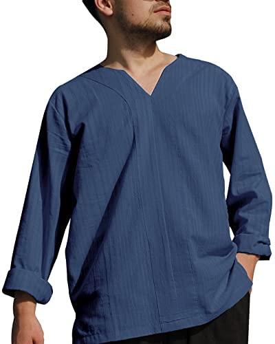 Mens V Neck T Shirts Cotton Linen Loose Fit Long Sleeve Solid Beach Yoga Tops Shirts