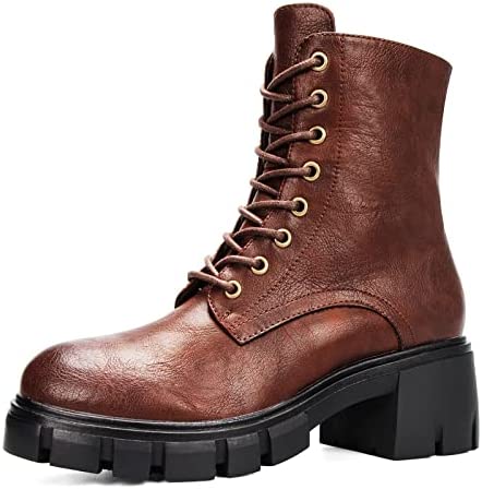 mysoft Women's Platform Boot Round Toe Chunky Combat Ankle Boots, Lace Up Side Zipper