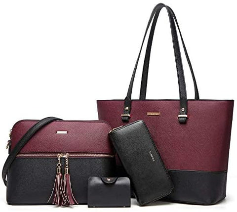Women Fashion Synthetic Leather Handbags Tote Bag Shoulder Bag Top Handle Satchel Purse Set 4pcs